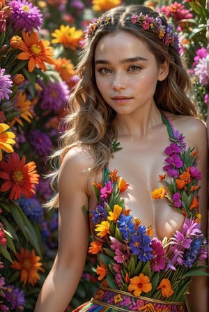 award-winning photo, A beautiful girl, Emilia Clarke, young woman sportswear and surrounded by bright colorful flowers, detailed skin, skin pores, magical fantasy, long hair, intricate, sharp focus, highly detailed, 3D, brown eyes, Emilia Clarke.