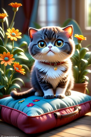 chibi adorable pixar style kitten [Scottish fold], standing on 4 paws on top of a cushion, details with small colorful flowers, photorealistic, cute, hdr, shaded, lens, focus on kitten, lighting, hyperdetailed, filigree, big round eyes detailed, detailed, adorable, Jean Baptiste Monge, Carol Buck, Tyler Edlin, Perfect Composition, Beautifully Detailed, Trending on Artstation, 8K Art Photography, Photorealistic Concept Art, Volumetric Cinematic Perfect Light, Natural Brightness and Contrast, Chiaroscuro, Award-Winning Photography, Masterpiece, Digital Art , rafael , caravaggio, greg rutkowski, belle, bexinski, giger, children's fairy tale style, bright and vivid colors without saturation.