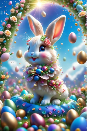 Chibi bunny (bunny fur:1.5) smiling charmingly, nestled among roses, gifts and golden seeds, framed by a verdant lawn dotted with Easter eggs, against a backdrop of blue skies and rainbow arches with floating soap bubbles, in a charmingly pose, photographed by Miki Asai with macro lens precision, trending on ArtStation with Greg Rutkowski's detailed fantasy style in 9k resolution, sharp focus aperture F 1.5, intricate details, setting studio photography, ultra high