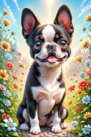 A captivating digital painting of a young [Boston Terrier] puppy sitting in a comical pose, with its head tilted and an expression of doubt on its face. The puppy's eyes are filled with curiosity, and its fur is rendered with incredible detail and a vibrant sheen. The background showcases a serene spring weather scene, with blooming flowers, a blue sky, and a warm sun. This adorable and heartwarming artwork captures the essence of youthful innocence and the beauty of nature during the onset of spring.