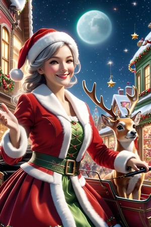 Mrs. Clause is shown to have a fairly slender figure. She has white-grey hair , she has short hair and large pale green eyes, A young girl dressed as Santa Claus, wearing a red hat and a red coat decorated with gold ribbons.  The girl sits in Santa's traditional wagon, which is pulled by a deer with antlers decorated with colorful ribbons.
 The image depicts the vehicle flying through the sky, with soft clouds and stars in the background.  Scattered around the girl are colorful holiday symbols and gifts, thrown from the cart at people celebrating in the streets below.  People appear with cheerful clothes and happy faces, shaking hands with gifts and smiling happily as they witness the girl's generosity., cleavage exposed, big breasts, superior quality, many details, Puri focus  Sharp and realistic,  sunglasses, Xmas , cyborg style, cyborg, steampunk style, in a shop of toys with childrens, cyborg cats and dogs,cyborg style