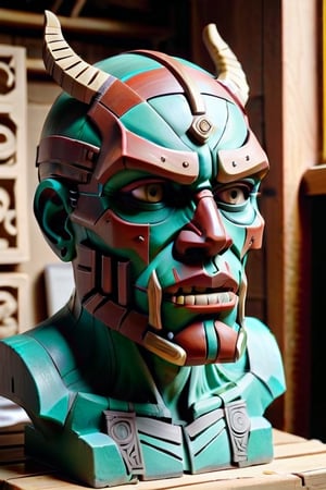 a clay sculpture sitting on top of a table, inspired by Ossip Zadkine, trending on zbrush central, new sculpture, mask inside mask, machine parts embedded into face, tiki, hero prop, 3 heads, looking to the side, unfinished, prop design, as the colossal titan, face covers half of the frame, detailed acrylic, face shown
