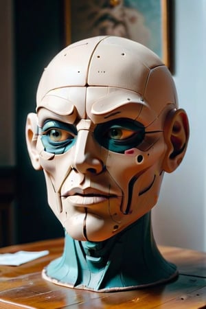 a close up of a clay sculpture on a table, a surrealist sculpture, inspired by Sir Jacob Epstein, reddit, mask inside mask, mage smoking pipe, half - finished robot, vocal tract model, made of cardboard, chad, portait image