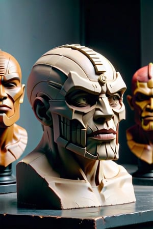 a clay sculpture sitting on top of a table, inspired by Ossip Zadkine, trending on zbrush central, new sculpture, mask inside mask, machine parts embedded into face, tiki, hero prop, 3 heads, looking to the side, unfinished, prop design, as the colossal titan, face covers half of the frame, detailed acrylic, face shown