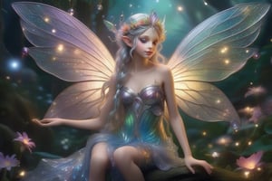 a full body view of A whimsically eccentric fairy with shimmering wings, each intricate detail radiates with magic: tiny silver bells tangled in her hair, sparkling dewdrops adorning her translucent wings, and bright iridescent eyes filled with mischief. The main subject is a fantastical creature with a playful demeanor. The ethereal beauty of this scene is truly breathtaking, with vivid colors and intricate details that bring the fairy to life. The high-quality rendering captures every enchanting aspect of this mystical being, drawing viewers into a world of whimsy and wonder.,enchant3d