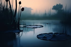 late evening in a misty Swamp with black Lotus flowers floating in the water, slight bioluminescence to the petals,DonMn1ghtm4reXL