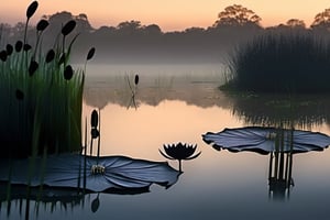 late evening in a misty Swamp with black Lotus flowers floating in the water, slight bioluminescence to the petals