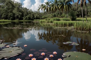 Swamp with black Lotus flowers floating in the water