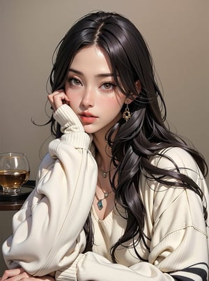 1girl, solo, long hair, looking at viewer, black hair, long sleeves, brown eyes, jewelry, sitting, indoors, necklace, sweater, lips, realistic, white sweater