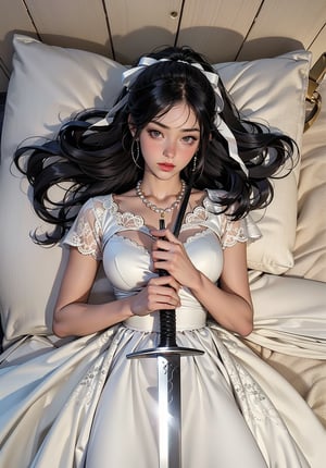 1girl, solo, long hair, looking at viewer, black hair, dress, ribbon, holding, jewelry, hair ribbon, weapon, sword, necklace, white dress, knife, realistic, pearl necklace, photo inset