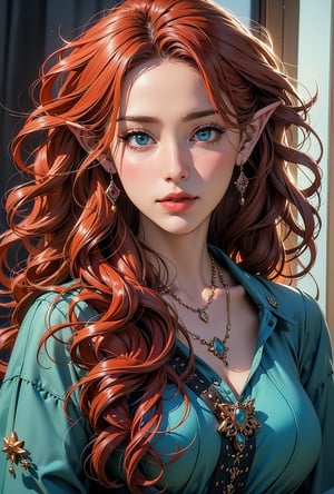 1girl, solo, long hair, breasts, looking at viewer, blue eyes, dress, jewelry, green eyes, upper body, red hair, necklace, orange hair, lips, curly hair, realistic, elf_ears