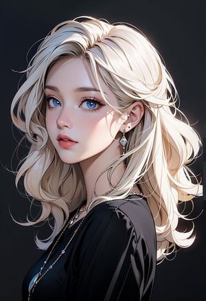 1girl, solo, long hair, looking at viewer, blue eyes, blonde hair, simple background, shirt, jewelry, upper body, white hair, earrings, grey background, necklace, from side, lips, black shirt, realistic,Lineart