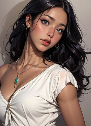 1girl, solo, long hair, black hair, jewelry, dark skin, necklace, mole, dark-skinned female, lips, head tilt, looking to the side, looking away, realistic