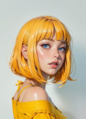 1girl, solo, looking at viewer, short hair, bangs, blue eyes, blonde hair, simple background, shirt, white background, bare shoulders, upper body, parted lips, teeth, blunt bangs, off shoulder, from side, lips, makeup, bob cut, eyeshadow, freckles, yellow shirt, nose