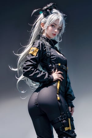 8k, masterpiece, best quality, realistic, sharp focus, cinematic lighting, extremely detailed, epic, edgy, sexy, from below, parted lips, seductive smile, (voluptuous), sexually suggestive, blue eyes, white of eyes, ((white_eyebrows)), ((white hair)), bangs, irl wearing white tech bodysuit, gray sports leggings, tech harnesses, cargo straps, tech wear, black jacket, military green cargo pilot, full body, detailed face, tiny_breast, (((plain background))), (((no background))), (((gradient background))), YAMATO, round ass, motoko2045wz, dragoness, horned, (((white horns))), (hourglass body shape: 0.6), urban techwear,urban techwear,sui1, hoshimachi_suisei.