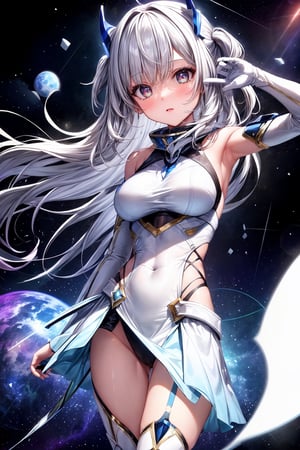 1girl, white hair, symbol-shaped pupils, space goddess, galaxy, light particles, light rays, wallpaper, high contrast, colorful,