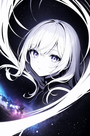 1girl, white hair, symbol-shaped pupils, space goddess, galaxy, light particles, light rays, wallpaper, high contrast, colorful,