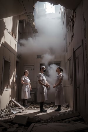 A hauntingly eerie scene unfolds: a group of nurses in worn, 1950s-style uniforms, their faces pale and tired, stand solemnly amidst the crumbling remains of an abandoned hospital. The flickering fluorescent lights above cast long shadows across the walls as they gaze down at something on the floor. Their expressions convey a mix of sadness, fear, and resignation. In the background, the eerie mist-shrouded fog creeps in through broken windows, adding to the sense of foreboding.