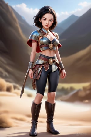 A stunning warrior from ancient Mongolia stands proudly, her beautiful face with intricate details and pale skin gazing directly into the camera. Her dark hair is unkempt, framing her striking features. Realistic skin texture and hyper-realistic facial details create an almost photorealistic image. She wears black pants and boots, blending seamlessly with the digital art's high-quality rendering.