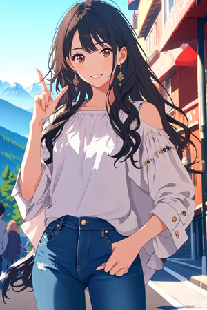 (masterpiece, best quality, ultra-detailed, 8K),high detail, realisitc detailed, a beautiful young lady with long flowy black hair over shoulders in the dark, jeans outfits, brown eyes, pale soft skin, kind smile, glossy lips, a serene and contemplative mood, setting on the top of the mountain, some people walking in the street. making Victory Hand Gesture,