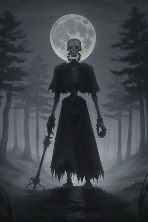 A skeletal figure stands dramatically in front of a dark, misty forest, illuminated only by the faint light of a full moon hanging low in the sky. The skeleton's bony hands grasp a gnarled staff, its fingers curled around it like skeletal claws. The atmosphere is eerie and foreboding.