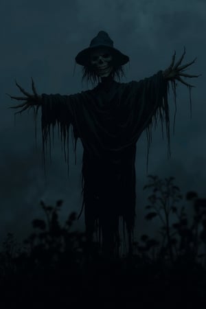 A J-horror anime scene featuring a scarecrow standing ominously in a dark, foggy field. The scarecrow has a twisted, unsettling expression, with hollow eyes and a crooked smile. The lighting is dim and eerie, with the fog creating a sense of isolation and dread. The composition is centered on the scarecrow, with the background slightly blurred to emphasize its creepy presence. The atmosphere is tense and foreboding, with a sense of impending doom.