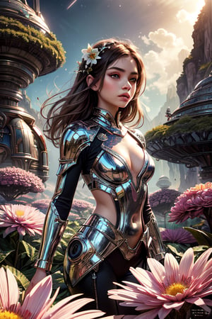 "painting, ultra high definition, girl with chrome flowers in her hair, standing on an alien planet, sunbeams highlighting the metallic petals, fantasy environment, vibrant hues, detailed flora, expansive alien sky, dreamlike quality, immersive scenery"