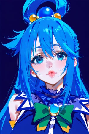 (masterpiece), best quality, solo, 1girl, blue_eyes, looking_at_viewer, eyelashes,upper_body, lips, makeup,aqua,Aqua,Aqua_(Konosuba),AQUA \(KONOSUBA\), blue hair ,dark background,LONG HAIR, HAIR ORNAMENT, VERY LONG HAIR, HAIR RINGS, SINGLE HAIR RING, HAIR BOBBLES,