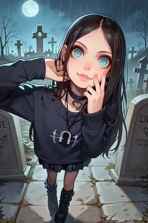 score_9, score_8_up, score_7_up. (gothic style one girl, handsome  18 year old gothic girl, hyper cute, all black themed clothings, black platform gothic sneaker, cowboy shot, looking at viewer , (1girl) siting with legs crossed on a tombstone , looking worried, questioning expression, closeup , portrait, shocked, skewed lips, on lip side up "yuk!" Disgust, hands on cheeks ; OMG!,  ,(wearing a cozy fuzzy black oversized sweater), dark, mysterious, haunting, super cute girl, smiling, cowboy shot, focus on face , looking at viewer  extreme dramatic, ((long hair)) ornate, gothic themed image , extreme detailed image, digital painting, masterpiece, g0thicPXL, glowing, heavy rain, very wet body, very wet hair, drenched wet hair, neon, eerie glow from tombs, zombies, toon, long slender body, freckles, (((semi-realistic))),  slender body, long legs, extreme ultra detailed perfect eyes, blue eyes, expressive angle, tilted image, , frontal shot, short skirt, black shighhigs with gather stockings, big black sneaker boots, from above ((focus on eyes)) ,, freckles, round face, big eyes, long black hair , ng_deepnegative_v1_75t , dynamic selfie pose, Dutch angle, tall girl, cute outdoor night graveyard  rain image, cool pose , pale lipstick, skimpy gen z dress,  big gothic windows, night , every haunting foggy misty night, full moon,, looking neat, , choker with cartoon figure pendant, very cute gothic image, ((very pale skin, many freckles in face)),mcgeealice