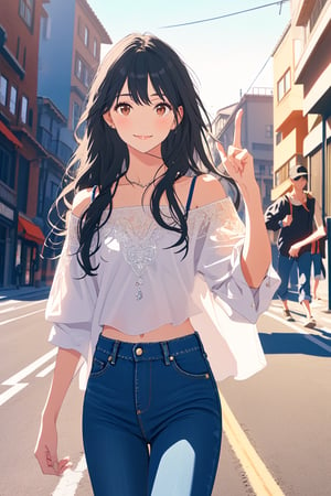 (masterpiece, best quality, ultra-detailed, 8K),high detail, realisitc detailed, a beautiful young lady with long flowy black hair over shoulders in the dark, jeans outfits, brown eyes, pale soft skin, kind smile, glossy lips, a serene and contemplative mood, setting on the top of the mountain, some people walking in the street. making Victory Hand Gesture,