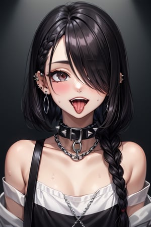 solo,long hair,looking at viewer,blush,smile,open mouth,bangs,shirt,black hair,1boy,jewelry,collarbone,upper body,braid,male focus,sweat,earrings,teeth,tongue,tongue out,hair over one eye,collar,black shirt,single braid,saliva,chain,piercing,ear piercing,spikes,tongue piercing


