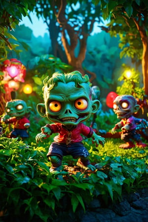 a lush garden, cute cartoon zombies, a battle scene, vibrant colors, 3d rendering, volumetric lighting, dynamic composition, highly detailed, intricate background, playful and whimsical atmosphere, (best quality,4k,8k,highres,masterpiece:1.2),ultra-detailed,(realistic,photorealistic,photo-realistic:1.37),fantasy,concept art