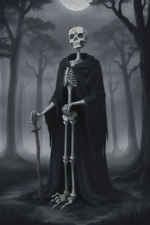 A skeletal figure stands dramatically in front of a dark, misty forest, illuminated only by the faint light of a full moon hanging low in the sky. The skeleton's bony hands grasp a gnarled staff, its fingers curled around it like skeletal claws. The atmosphere is eerie and foreboding.