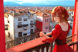 chica con lenceria roja en el balcon de su casa viendo lo ciudad