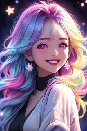 very dark nightly closeup of a hot beautiful anime girl smiling, in japan, pastel rainbow hair, ambient light, realistic textures, clear shadows, sparkling, glistening, fantastical