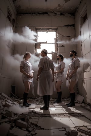 A hauntingly eerie scene unfolds: a group of nurses in worn, 1950s-style uniforms, their faces pale and tired, stand solemnly amidst the crumbling remains of an abandoned hospital. The flickering fluorescent lights above cast long shadows across the walls as they gaze down at something on the floor. Their expressions convey a mix of sadness, fear, and resignation. In the background, the eerie mist-shrouded fog creeps in through broken windows, adding to the sense of foreboding.