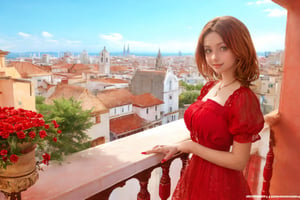 chica con lenceria roja en el balcon de su casa viendo lo ciudad
