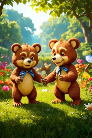 a lush garden, cute cartoon bears, a battle scene, vibrant colors, 3d rendering, volumetric lighting, dynamic composition, highly detailed, intricate background, playful and whimsical atmosphere, (best quality,4k,8k,highres,masterpiece:1.2),ultra-detailed,(realistic,photorealistic,photo-realistic:1.37),fantasy,concept art