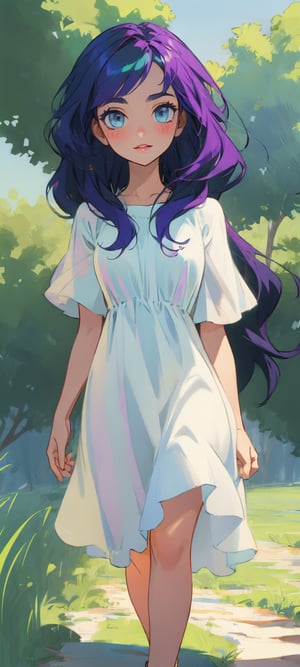 A serene and idyllic scene unfolds as a stunning solo girl walks down a winding country path bathed in warm bright sunshine. Her very long flowing black hair cascades down her back like a waterfall of night, while her bright purple locks peek out from beneath the loose folds of her pure white sundress. The fabric flows behind her like a cloud, held up by one hand as she moves effortlessly barefoot on the dirt path. Her big blue eyes sparkle with a subtle smile, inviting the viewer to connect with her sweet face and mature female features. The lush green trees and grass in the background provide a rich contrast to the simplicity of the subject, who stands out against the vast expanse of blue sky above.