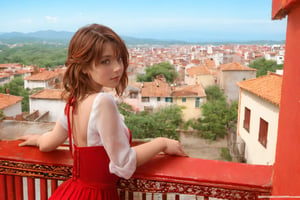 chica con lenceria roja en el balcon de su casa viendo lo ciudad