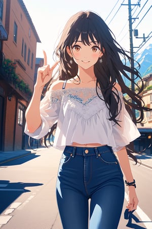 (masterpiece, best quality, ultra-detailed, 8K),high detail, realisitc detailed, a beautiful young lady with long flowy black hair over shoulders in the dark, jeans outfits, brown eyes, pale soft skin, kind smile, glossy lips, a serene and contemplative mood, setting on the top of the mountain, some people walking in the street. making Victory Hand Gesture,