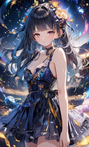 A girl with a dreamy smile, her hair waving in random blue and gold gradations, and wearing a dress with frills that sparkle like crystals. A rainbow-colored light effect spreads around her, and a fantastic night view of the starry sky spreads out in the background. The camera angle has a soft lens effect, and her figure appears vaguely, as if in a dream. The edges of the screen are decorated with twining ribbons of light. ,acryli painting,Anime style,1girl_Anime