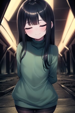 masterpiece, best quality, solo, 1girl, (arms behind back:1.1),loli,dark tunnel,looking at viewer,long_hair,  black_hair, closed_eyes,green sweater,smile,  sleeves_past_wrists,  turtleneck, closed_mouth, bangs, flat_chest,long_sleeves,stockings,oversized_clothing,