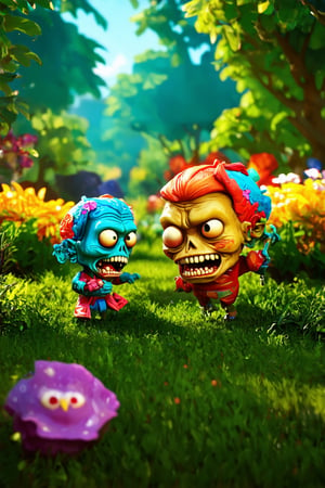 a lush garden, cute cartoon zombies, a battle scene, vibrant colors, 3d rendering, volumetric lighting, dynamic composition, highly detailed, intricate background, playful and whimsical atmosphere, (best quality,4k,8k,highres,masterpiece:1.2),ultra-detailed,(realistic,photorealistic,photo-realistic:1.37),fantasy,concept art