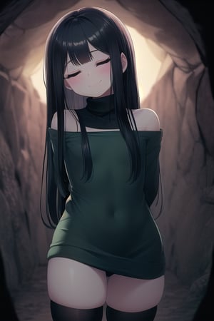 masterpiece, best quality, solo, 1girl, (arms behind back:1.1),loli,dark tunnel,looking at viewer,long_hair,  black_hair, closed_eyes,green sweater,smile,  sleeves_past_wrists,  turtleneck, closed_mouth, bangs, flat_chest,long_sleeves,stockings,oversized_clothing,