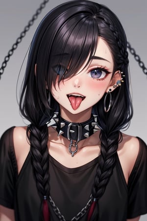 solo,long hair,looking at viewer,blush,smile,open mouth,bangs,shirt,black hair,1boy,jewelry,collarbone,upper body,braid,male focus,sweat,earrings,teeth,tongue,tongue out,hair over one eye,collar,black shirt,single braid,saliva,chain,piercing,ear piercing,spikes,tongue piercing

