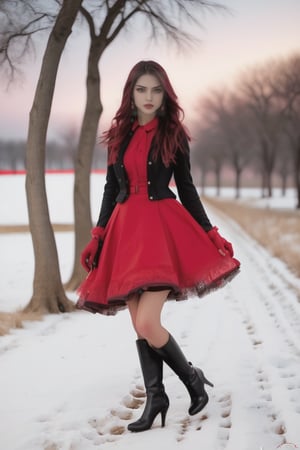 chica con lenceria roja en la pradera con pechos enormes,mostrar los pies con tacones altos, cabello negro de cola de caballo, dia  atardecer nevando