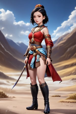 A stunning warrior from ancient Mongolia stands proudly, her beautiful face with intricate details and pale skin gazing directly into the camera. Her dark hair is unkempt, framing her striking features. Realistic skin texture and hyper-realistic facial details create an almost photorealistic image. She wears black pants and boots, blending seamlessly with the digital art's high-quality rendering.