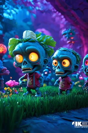 a lush garden, cute cartoon zombies, a battle scene, vibrant colors, 3d rendering, volumetric lighting, dynamic composition, highly detailed, intricate background, playful and whimsical atmosphere, (best quality,4k,8k,highres,masterpiece:1.2),ultra-detailed,(realistic,photorealistic,photo-realistic:1.37),fantasy,concept art