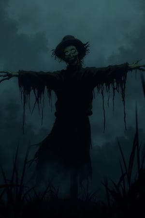 A J-horror anime scene featuring a scarecrow standing ominously in a dark, foggy field. The scarecrow has a twisted, unsettling expression, with hollow eyes and a crooked smile. The lighting is dim and eerie, with the fog creating a sense of isolation and dread. The composition is centered on the scarecrow, with the background slightly blurred to emphasize its creepy presence. The atmosphere is tense and foreboding, with a sense of impending doom.